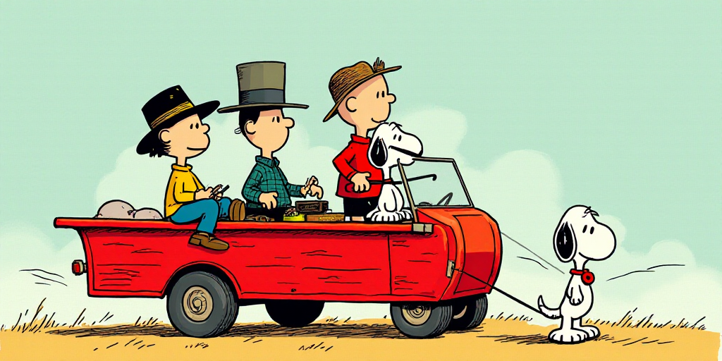 a parade float with a dog and a man in a hat and a dog in a hat and a dog in a hat, Charles Schulz,