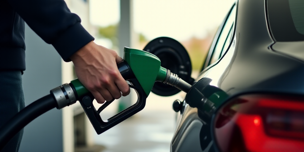 a person filling a car with gas at a gas station, with a gas pump in the foreground, Constant Permek