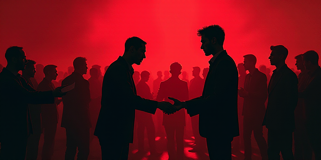 a person handing a paper to another person in front of a crowd of people with red and black backgrou