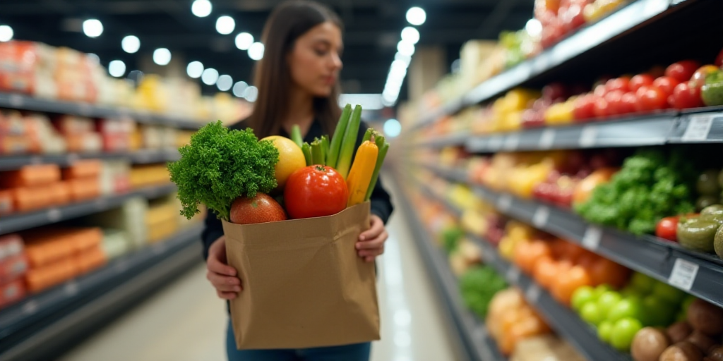 a person holding a bag of fruit and vegetables in a grocery store aisle with a display of shelves of
