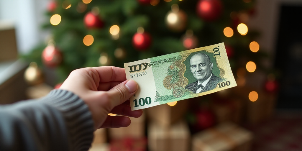 a person holding a bank note in their hand with christmas decorations in the background on a table t