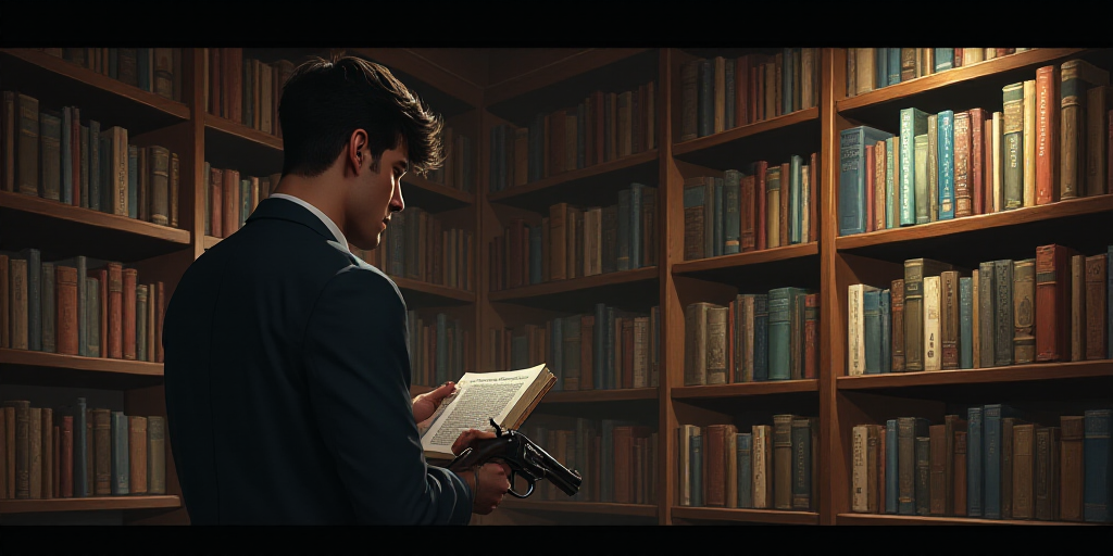a person holding a book in front of a shelf of books in a library with a gun in it, Dan Content, 2 d