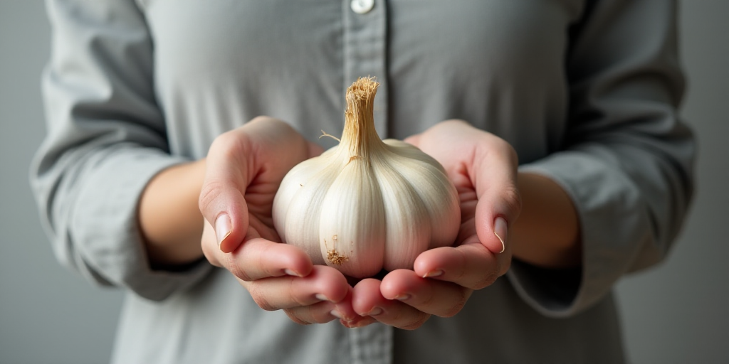 a person holding a bunch of garlic in their hands on a gray background with a gray wall behind them,