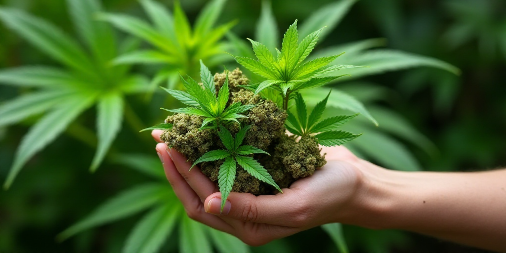 a person holding a bunch of green plants in their hand, with green leaves in the background, in a ga