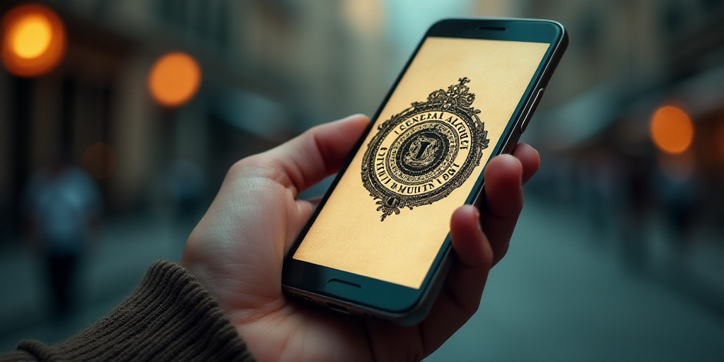 a person holding a cell phone in their hand with the logo of the general algert on the screen, Aldus