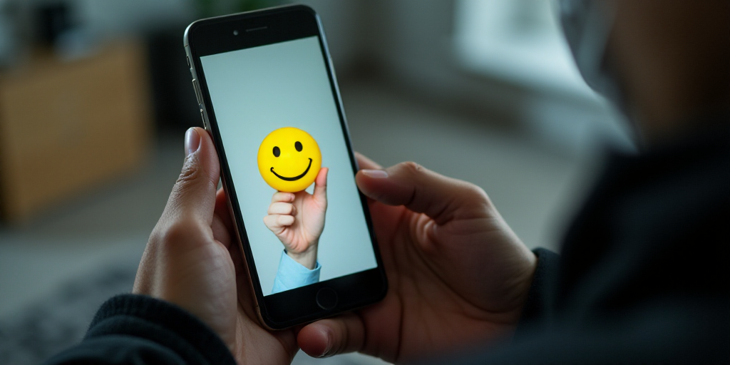 a person holding a cell phone with a picture of a hand holding a smiley face on it's screen, Ahmed Y