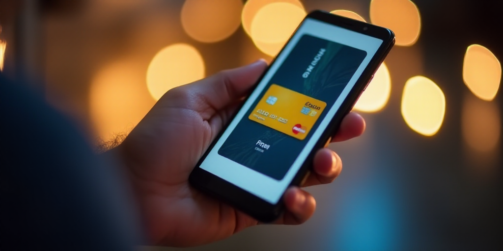 a person holding a cell phone with a credit card on it's screen and a bright background with lights,