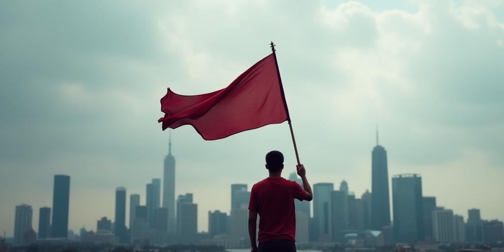 a person holding a flag in front of a city skyline with tall buildings in the background and a cloud