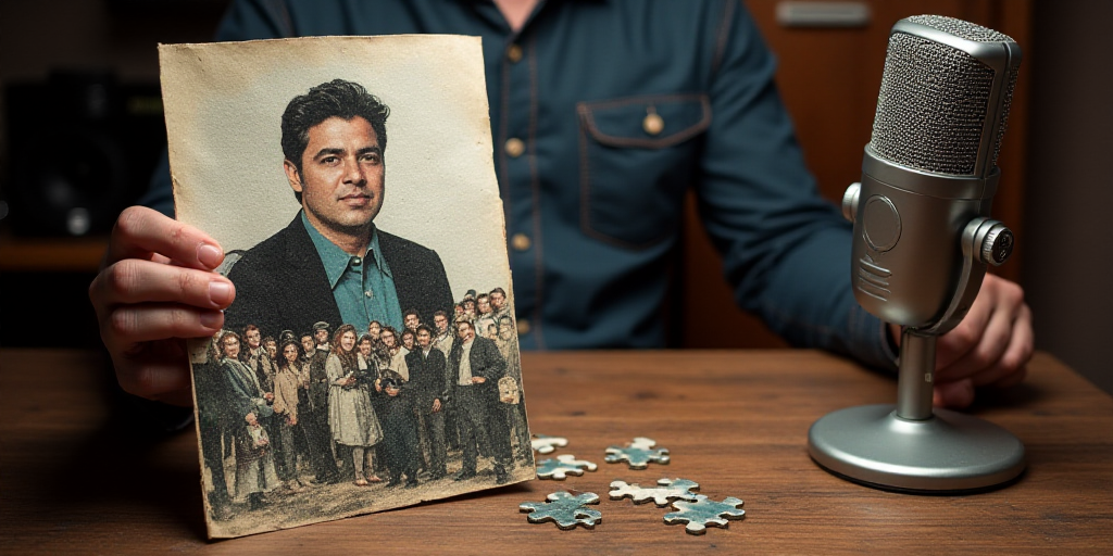 a person holding a paper with a picture of people on it and a microphone in the background with a mi