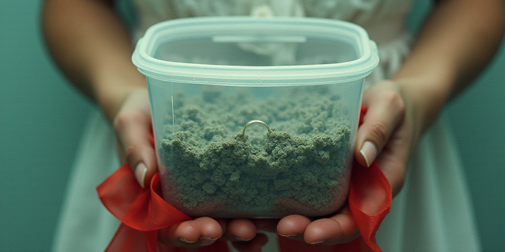 a person holding a plastic container filled with glasses and a red ribbon on the side of the picture