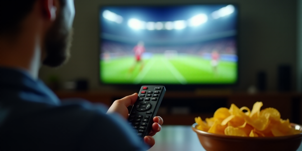 a person holding a remote control in front of a television with a football game on it and a bowl of