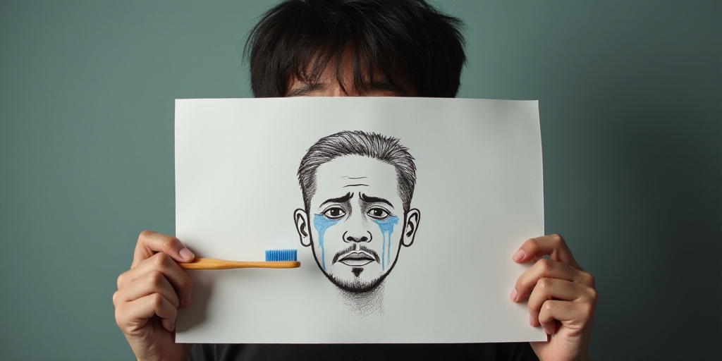 a person holding a sign with a drawing of a crying man on it's face and a toothbrush in front of the