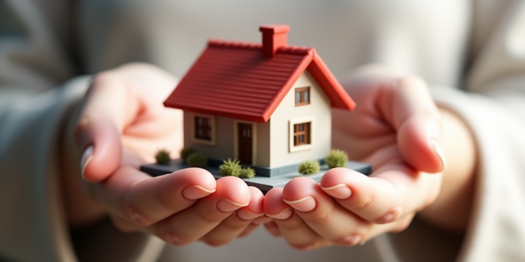 a person holding a small model house in their hands with a red roof on top of it and a red chimney,