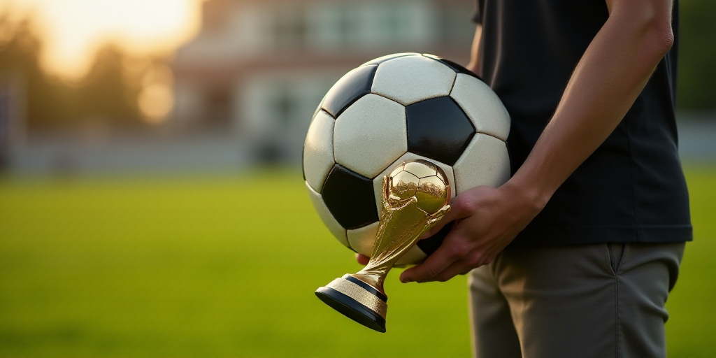 a person holding a soccer ball in their hand with a gold trophy in their hand on a field of grass, A