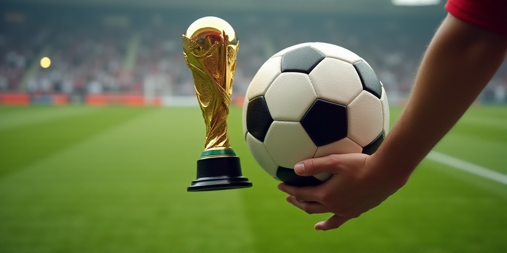 a person holding a soccer ball in their hand with a gold trophy in their hand on a field of a stadiu