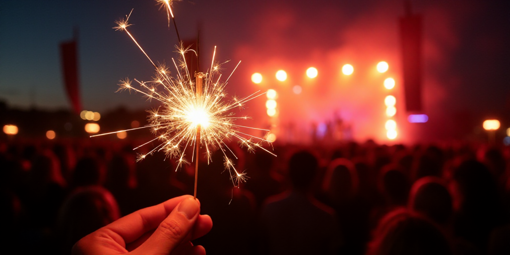 a person holding a sparkler in their hand with a band in the background at a concert or party, David