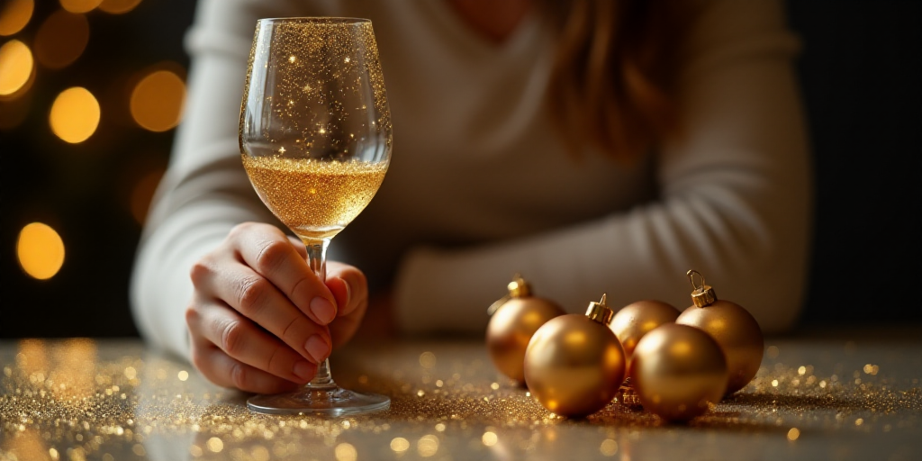 a person holding a wine glass with gold glitter and stars around it and a few gold ornaments on the