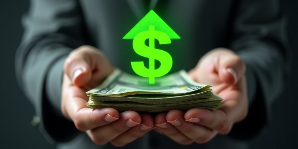 a person holding money in their hands with a green arrow pointing up to the dollar sign on top of it