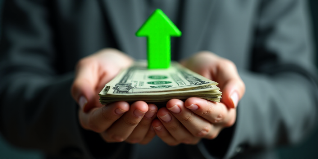 a person holding money in their hands with a green arrow pointing up to the dollar sign on top of it