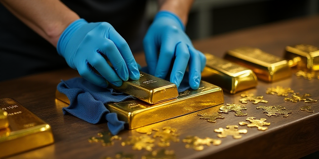 a person in blue gloves and gloves cleaning gold bars with a blue cloth on a table with other gold b