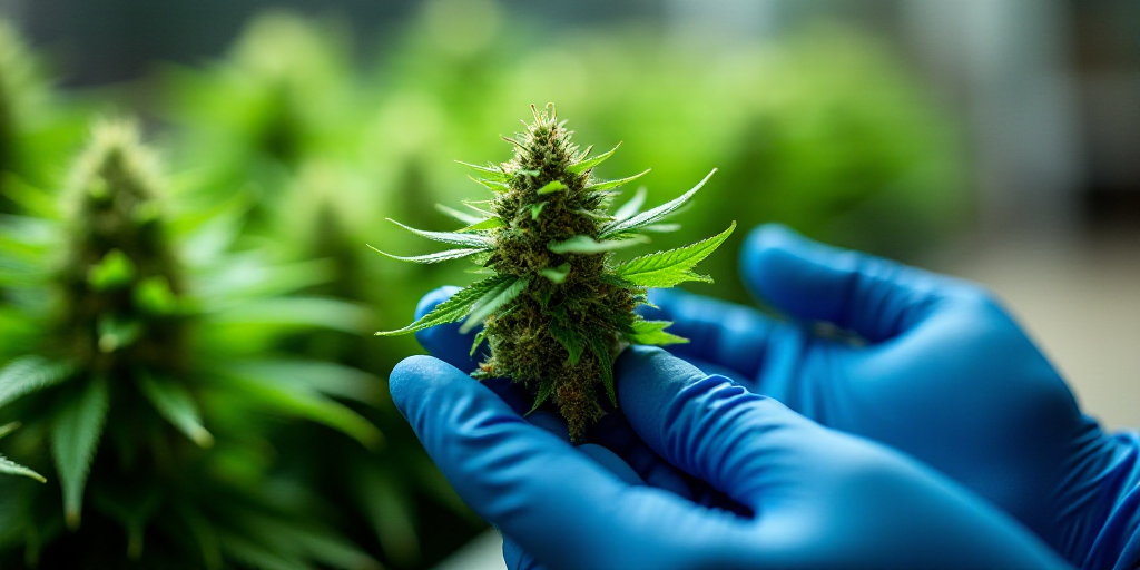 a person in blue gloves holding a marijuana plant in their hand in front of a box of green plants, D