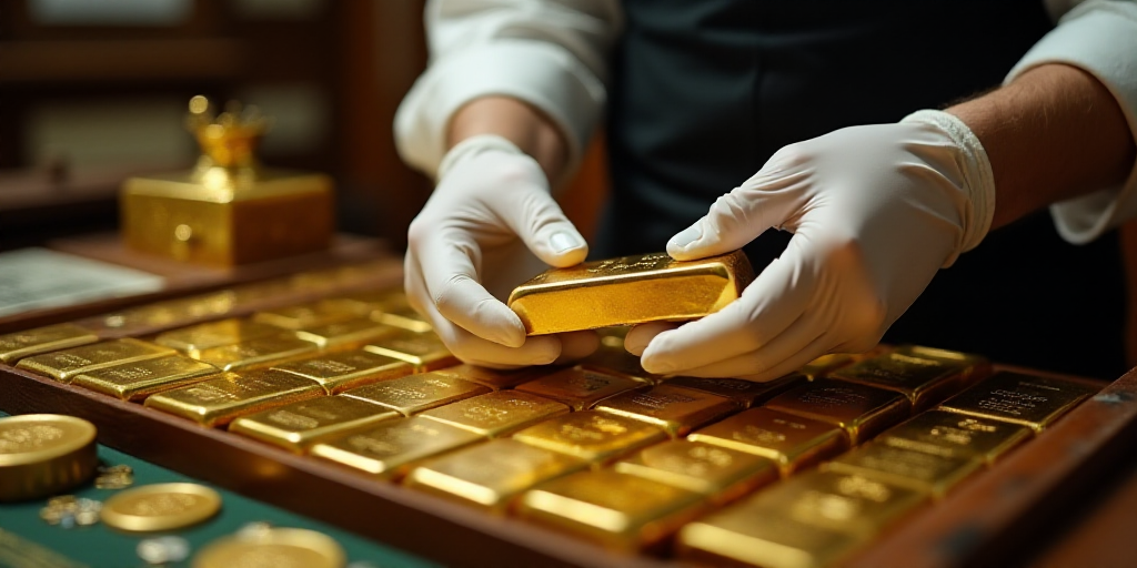 a person in white gloves and gloves is placing gold bars on a table with a gold seal in the backgrou