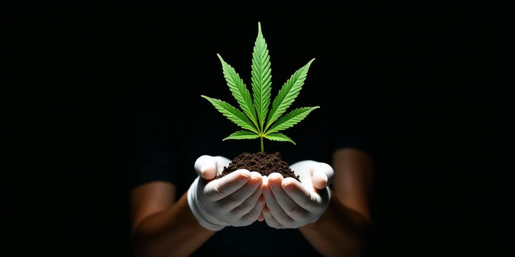 a person in white gloves holding a plant with green leaves on it and a black background with white g