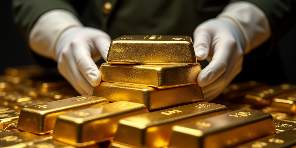 a person in white gloves holding a gold bar over a pile of gold bars and other gold bars in front of