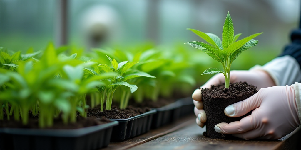 a person in white gloves holding a plant in front of a tray of plants in a greenhouse with other pla