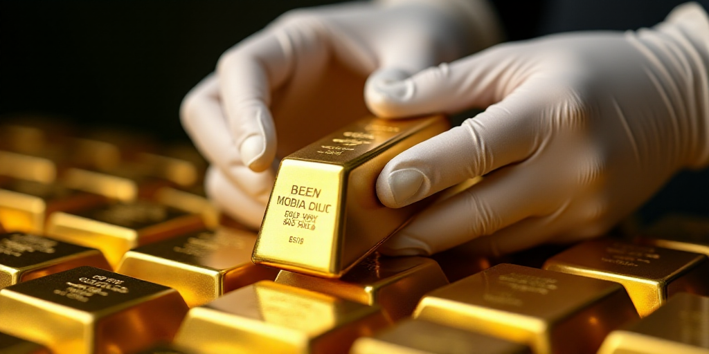 a person in white gloves is holding a gold bar over a pile of gold bars and other gold bars, Andries