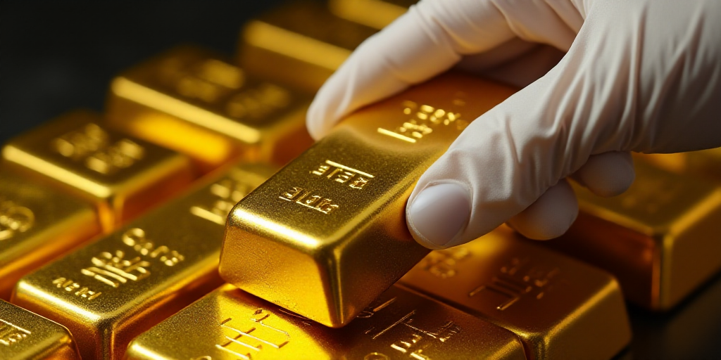 a person in white gloves is holding a gold bar over a pile of gold bars and other gold bars, Andries