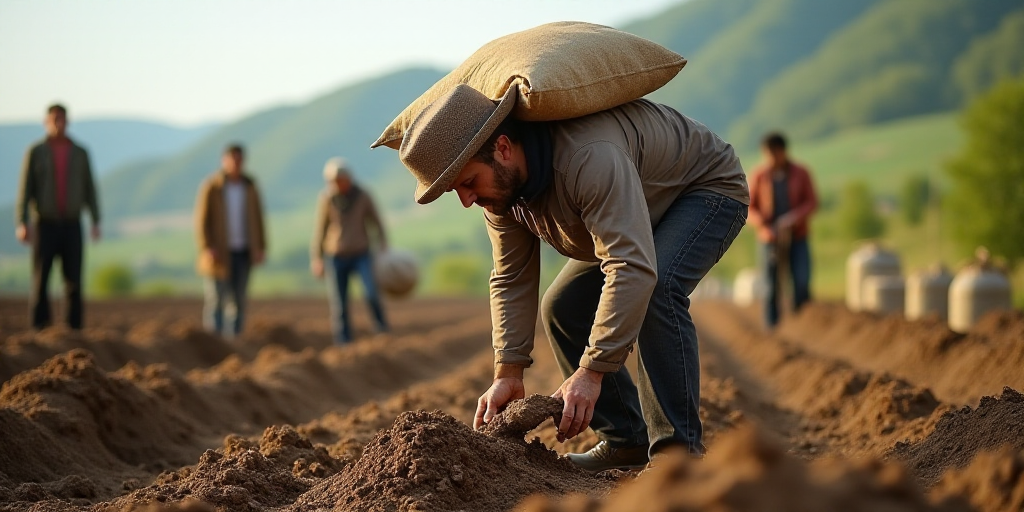 a person is digging in the dirt with a bag on his head and a bag on his shoulder, with a group of pe