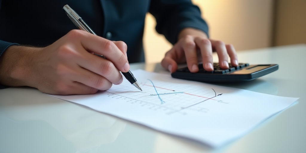 a person is holding a pen over a paper with a graph on it and a calculator in front of them, Constan