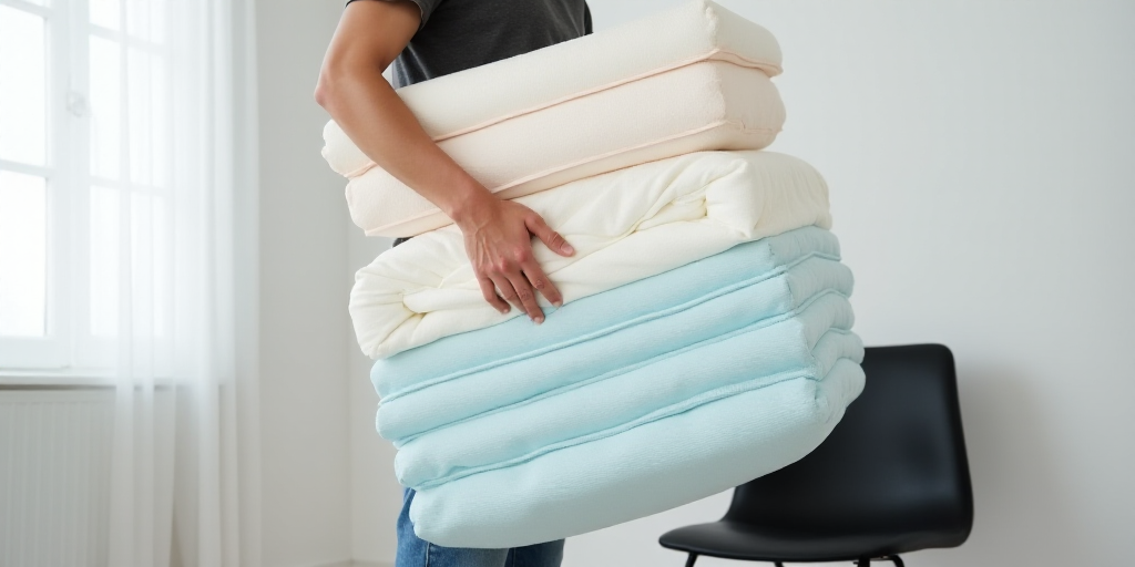 a person is holding a pile of mattresses in a room with a white wall and a black chair, An Gyeon, ic