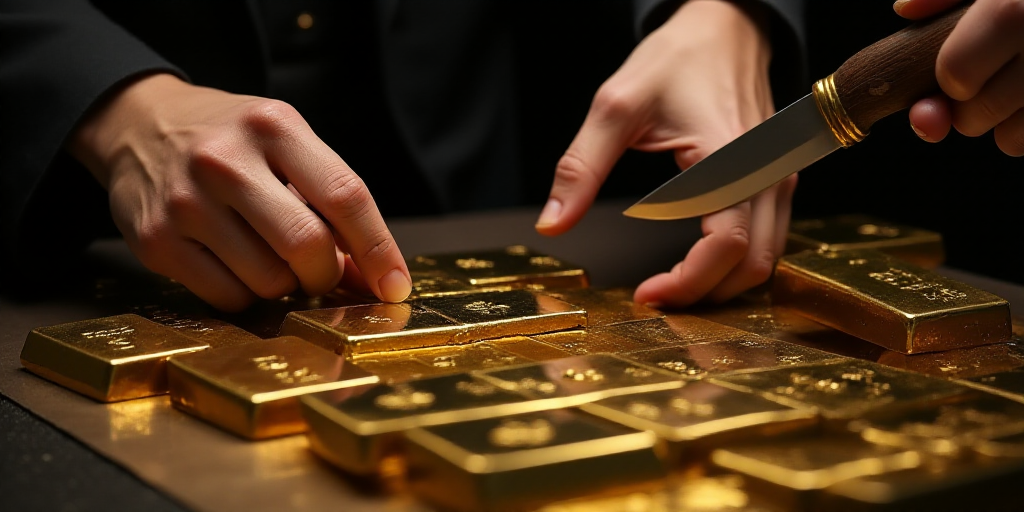 a person is touching a bunch of gold bars on a table with other gold bars on it and a person is hold