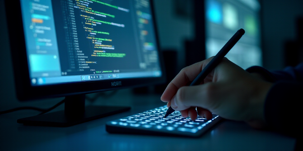 a person is working on a computer screen with icons and symbols on it and a person is holding a pen,