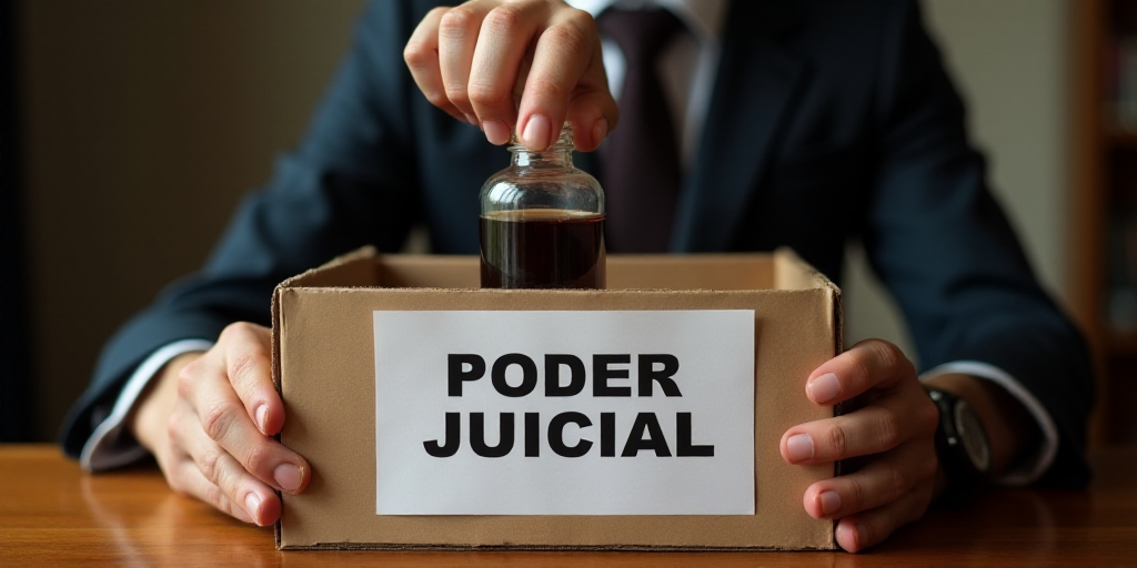 a person putting a bottle of liquid into a box with a sign on it that says poder judicial, Carles De