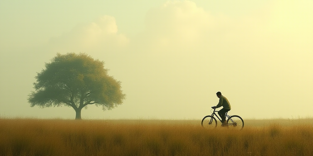 a person riding a bike in a field with a tree in the background and a foggy sky in the background, B