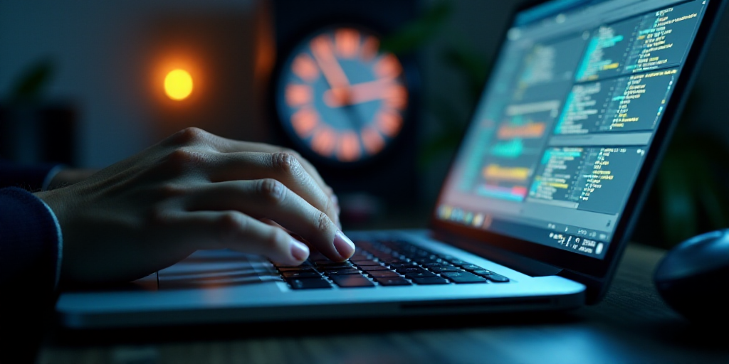 a person typing on a laptop with a clock in the background and a hand on the keyboard of the laptop,