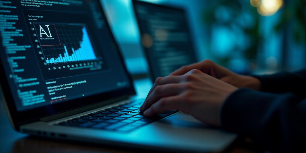 a person using a laptop with a logo on the screen and a hand touching the keyboard of the laptop, Ai