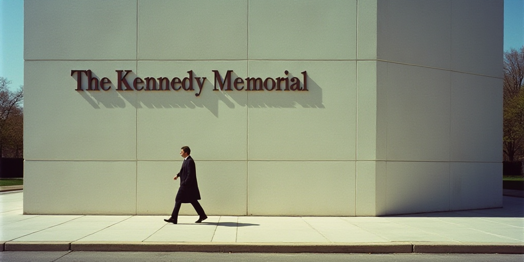 a person walking past a building with a large sign on it's side that says the kennedy memorial, Feli