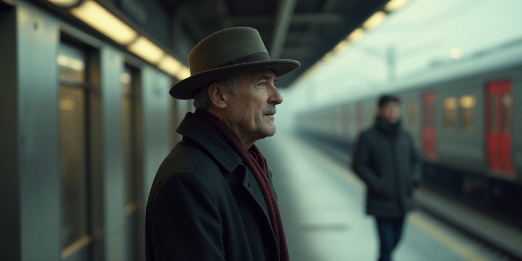 a person with a hat and scarf on a train platform with a train in the background and a blurry image