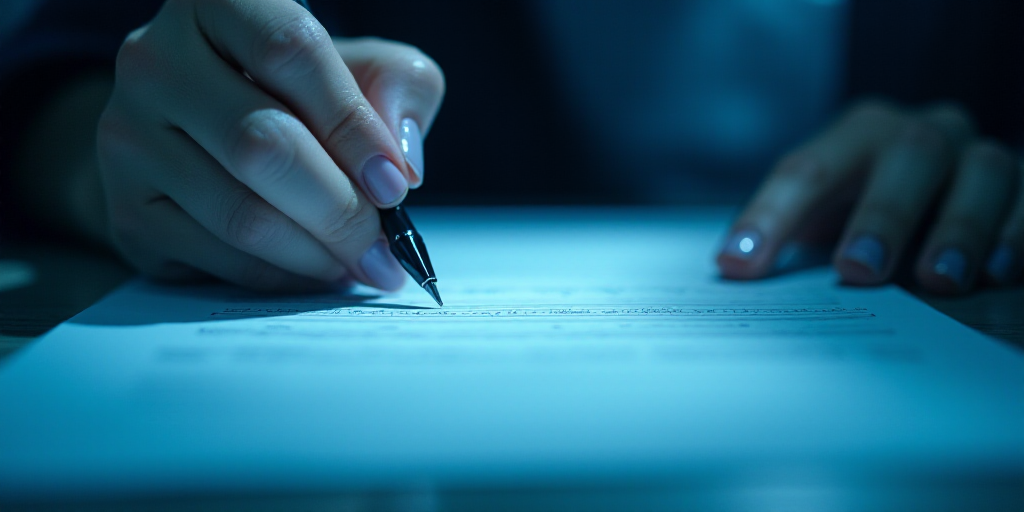 a person writing on a piece of paper with a pen in it and a blue background with a line of light, Ed