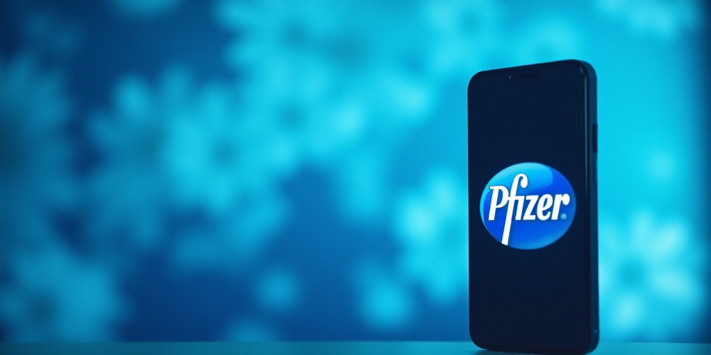 a phone with the logo of pfizer on it is shown in front of a blue and white background, Allaert van