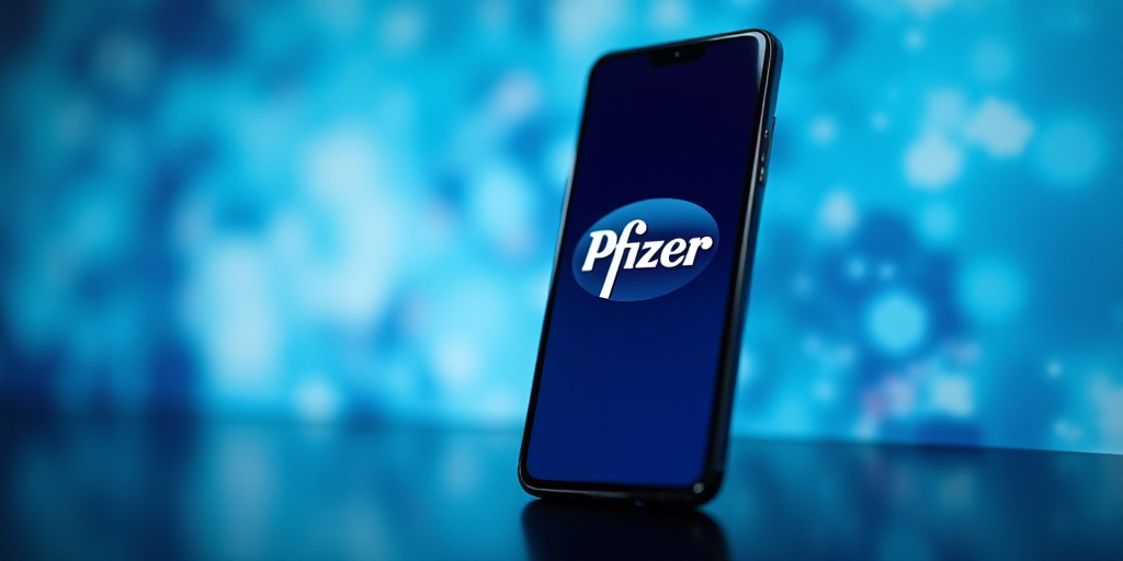 a phone with the logo of pfizer on it is shown in front of a blue and white background, Allaert van