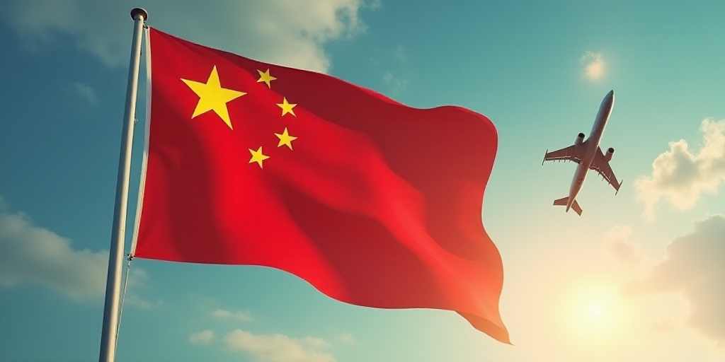 a picture of a flag with a plane flying in the sky and stars on the flag of china and a sun, Andrew