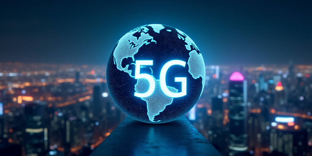 a picture of a globe with a city in the background and a 5g sign in the foreground, Frances Jetter,