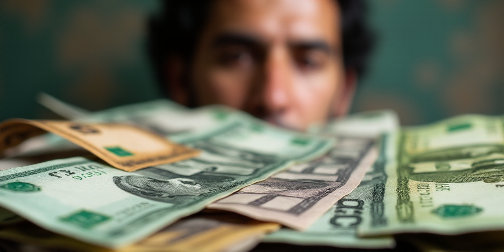 a pile of mexican currency with a lot of money in the background with a blurry image of a man's face