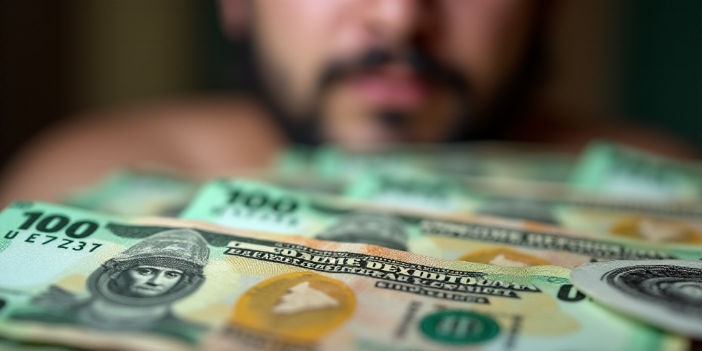 a pile of mexican currency with a lot of money in the background with a blurry image of a man's face