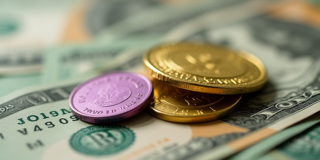 a pile of money with a gold coin on top of it and a purple one on the side of the pile, Aquirax Uno,